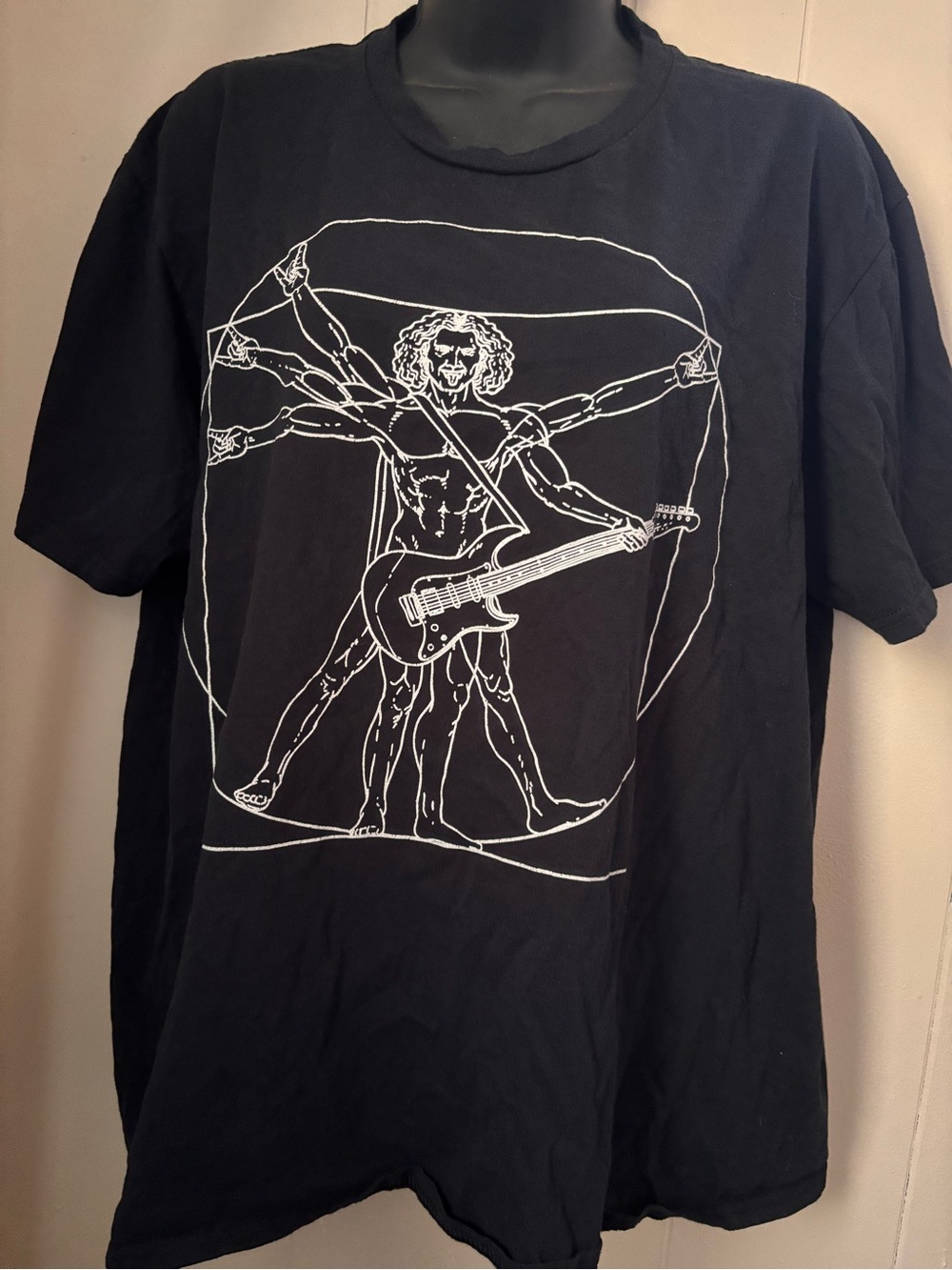Leonardo da Vinci’s Vitruvian Man Holding Electric Guitar T-Shirt, Size Large